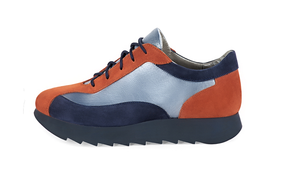 Terracotta orange and denim blue women's open back shoes. Round toe. Low rubber soles. Profile view - Florence KOOIJMAN